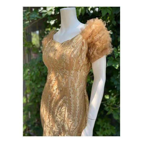 Gold Lace Mermaid Formal Dress Hand Tailored Ruffle Short Sleeve - Picture 4 of 12
